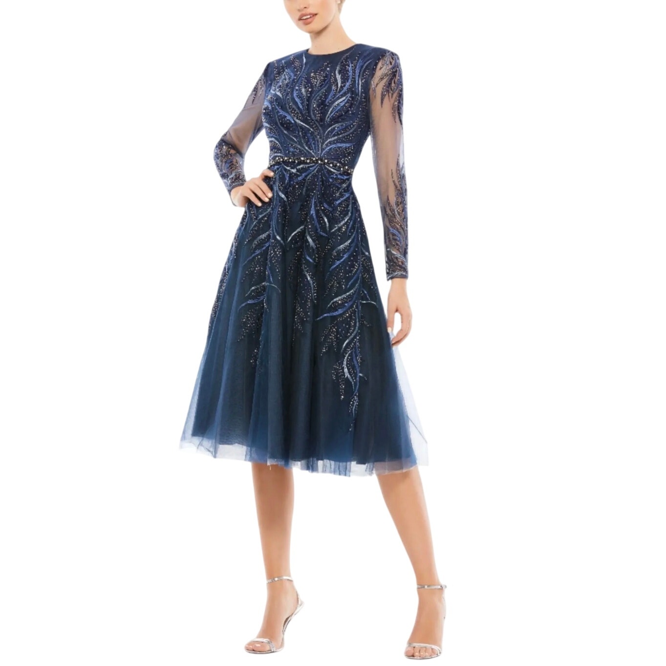 Mac Duggal A11136 Blue Cocktail Dress Beaded Long Sleeve Fit And Flare Size 4